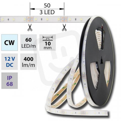 LED pásek SMD3528 studeně bílý, 60LED/m, IP68, DC 12V, 10mm, 5m