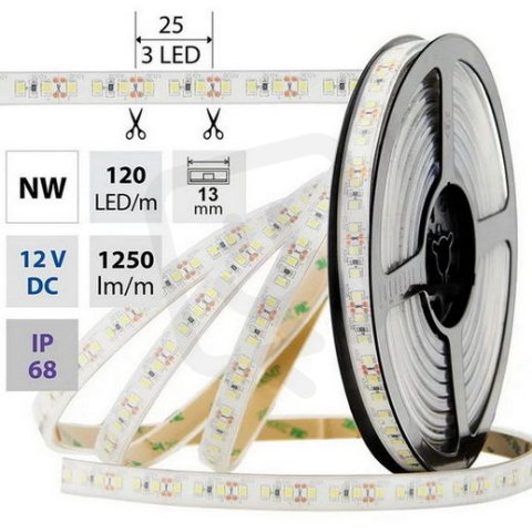 LED pásek SMD2835 NW, 120LED/m, 14W/m, 1250lm/m, IP68, DC 12V, 13mm, 5m