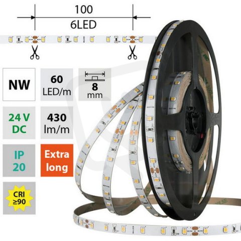 LED pásek SMD2835 NW, 60LED/m, 4,8W/m, DC 24V, 430lm/m, CRI90, IP20, 8mm, 5m