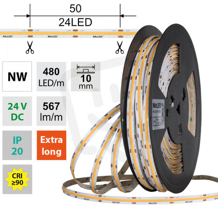 LED pásek COB NW, 480LED/m, 5W/m, DC 24V, 567lm/m, CRI90, IP20, 10mm, 50m