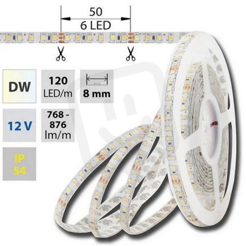 LED pásek SMD3528 dual white WW-CW, 120LED/m, 9,6W/m, 676lm/m, IP54 DC12V 8mm