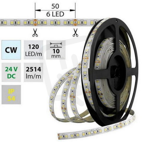 LED pásek SMD2835 CW, 120LED/m, 28,8W/m, 2514lm/m, IP54, DC 24V, 10mm, 5m