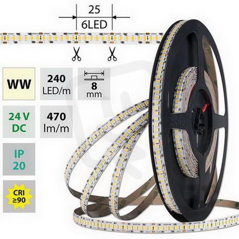 LED pásek SMD2835 WW, 240LED/m, 6W/m, DC 24V, 470lm/m, CRI90, IP20, 8mm, 5m