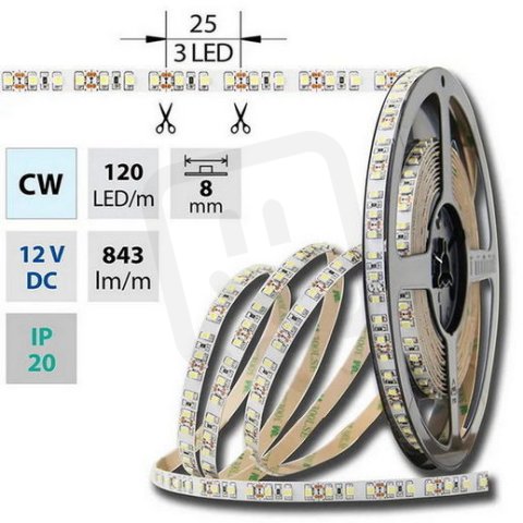 LED pásek SMD3528 studeně bílý, 120LED/m, IP20, DC 12V, 8mm, 5m