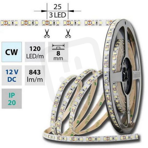 LED pásek SMD3528 studeně bílý,120LED/m,IP20,DC 12V,8mm 9,6W ML-121.230.60.0