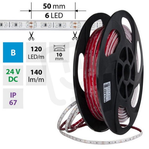 LED pásek SMD2835 modrý, 120LED/m, 9,6W/m, DC 24V, 140lm/m, IP67, 10mm, 50m