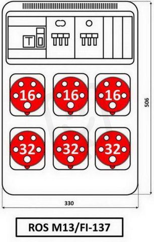Zásuvková rozvodnice 3x3253+3x1653, jištěná, s chráničem, IP54 ROS M13/FI-137