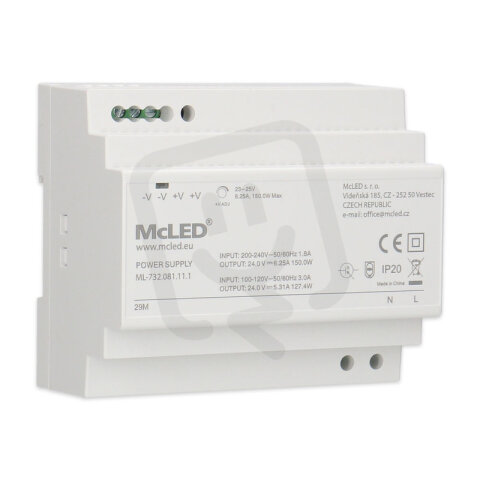 Napájecí zdroj 150W, DC24V/6,25A, IP20, na DIN lištu MCLED ML-732.081.11.1