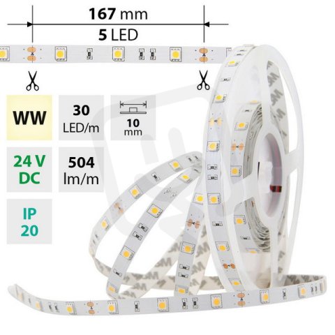 LED pásek SMD5050 WW, 30LED/m, 8,5W/m, 504lm/m, IP20, DC 24V, 10mm, 5m