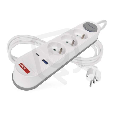 Prodlužovací kabel 2m, 3zás, s vypínačem, bílo-šedý, 1×USB-A+C, 1,5mm2 P1312FC