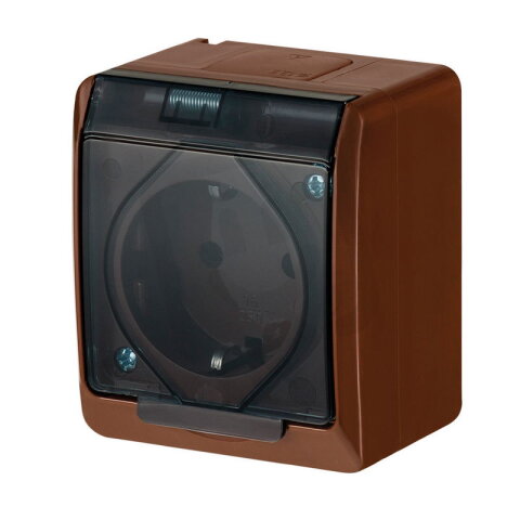 GALATEA IP44 Zásuvka 2P+PE SCHUKO (hnědá/kolébka průhledná) FAMATEL 5324-05