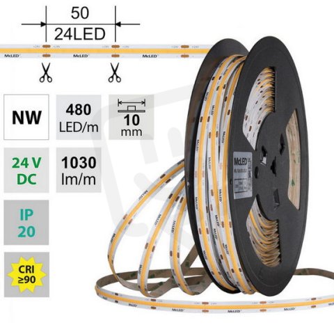 LED pásek COB NW, 480LED/m, 10W/m, DC 24V, 1030lm/m, CRI90, IP20, 10mm, 50m
