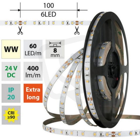 LED pásek SMD2835 WW, 60LED/m, 4,8W/m, DC 24V, 400lm/m, CRI90, IP20, 8mm, 50m