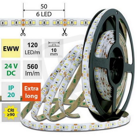LED pásek SMD2835 EWW, 120LED/m, 7W/m, DC 24V, 560lm/m, CRI90, IP20, 10mm, 50m