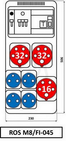 Zásuvková rozvodnice 2x3253+1x1653+4x230V, jištěná, s chráničem, IP54
