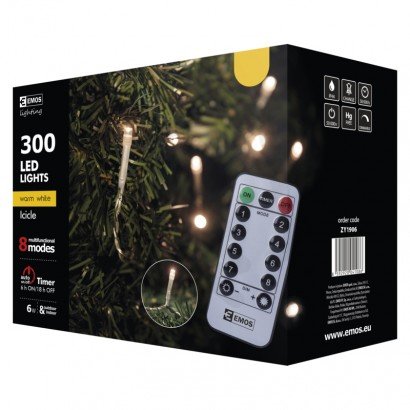 300 LED vánoční krápníky, 5m, teplá bílá, ovladač, programovatelné, časovač