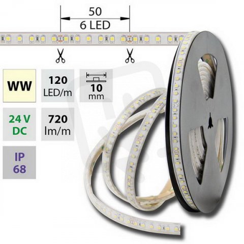 LED pásek SMD3528 WW, 120LED, IP68, 5m, 24V, 9,6 W/m