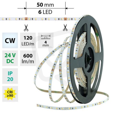 LED pásek SMD2216 CW, 120LED/m, 7,2W/m, 600lm/m, IP20, DC 24V, 4mm, 10m