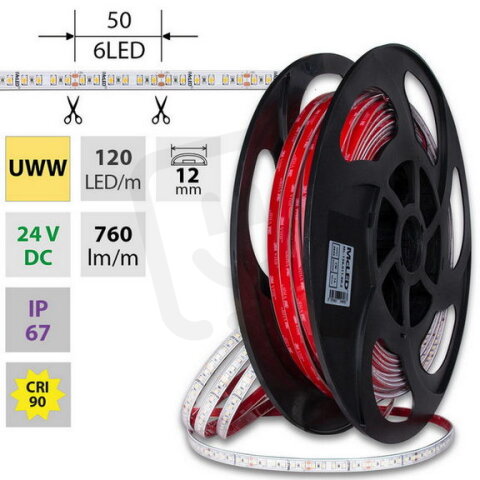 LED pásek SMD2835 UWW, 120LED/m, 14W/m, DC 24V, 760lm/m, CRI90, IP67, 12mm, 50m
