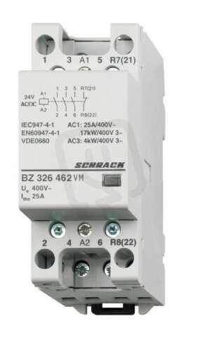 Instalační stykač VM 25 A, 3Z+1R (3NO+1NC), 24 V AC/DC, 2TE SCHRACK BZ326462VM