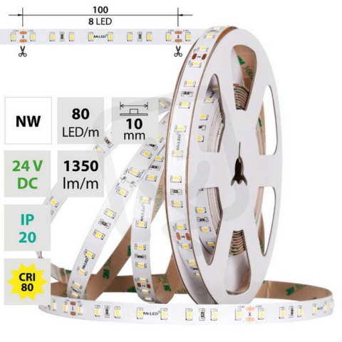 LED pásek SMD2835 NW, 80LED/m, 7,2W/m, DC 24V, 1350lm/m, CRI90, IP20, 10mm, 50m