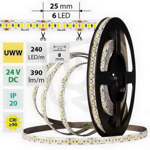 LED pásek SMD2835 UWW, 240LED/m, 6W/m, DC 24V, 390lm/m, CRI90, IP20, 8mm, 50m