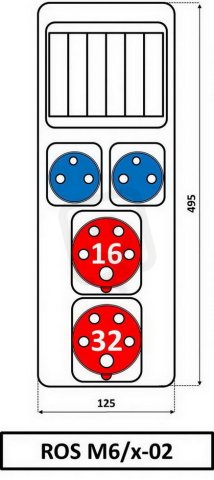 Zásuvková rozvodnice 1x3253+1x1653+2x230V, IP54, 6 modulové okénko ROS M6/X-02