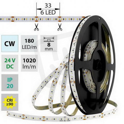 LED pásek SMD2216 CW, 180LED/m, 12W/m, 1020lm/m, IP20, DC 24V, 8mm, 30m