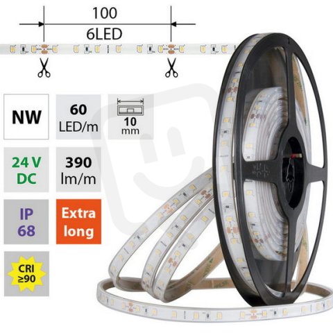 LED pásek SMD2835 NW, 60LED/m, 4,8W/m, DC 24V, 390lm/m, CRI90, IP68, 10mm, 5m