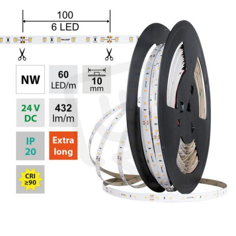 LED pásek SMD2835 NW, 60LED/m, 4,8W/m, DC 24V, 432lm/m, CRI90, IP20, 10mm, 50m