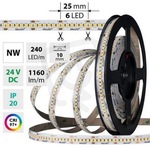 LED pásek SMD2835 NW 240LED/m 14,4W/m DC 24V 1160lm/m CRI97 IP20 10mm 50m