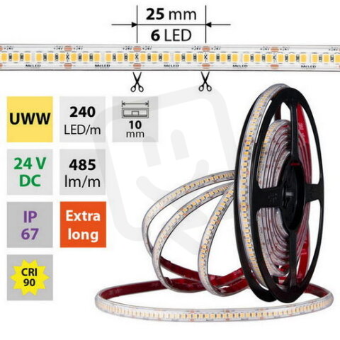 LED pásek SMD2835 UWW, 240LED/m, 6W/m, DC 24V, 380lm/m, CRI90, IP67, 10mm, 50m