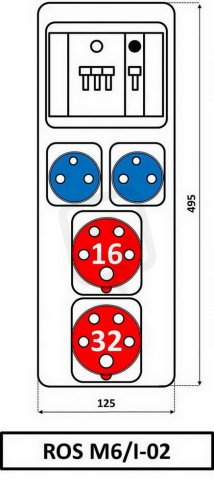 Zásuvková rozvodnice 1x3253+1x1653+2x230V jištěná, IP54 ROS M6/I-02