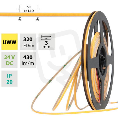 LED pásek COB UWW 320LED/m 6W/m DC 24V 430lm/m CRI90 IP20 modul 50mm 3mm 10m