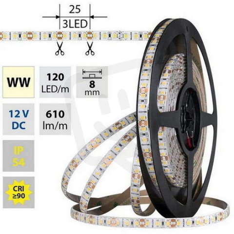 LED pásek SMD2835 WW, 120LED/m, 9,6W/m, DC 12V, 610lm/m, CRI90, IP54, 8mm, 5m