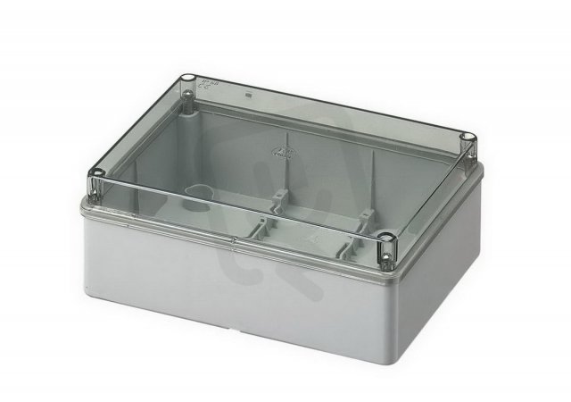 Krabice S-BOX 416-P, 190x140x70, IP56 šedá, průhledné víko, kovové šrouby, 650°C