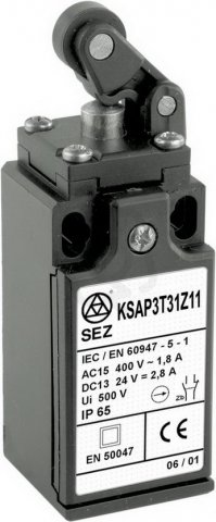 Koncový spínač plastový s pákou a kladkou - plastový čep, šířka 30mm KSAP3T30W02
