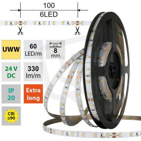 LED pásek SMD2835 UWW, 60LED/m, 4,8W/m, DC 24V, 330lm/m, CRI90, IP20, 8mm, 50m