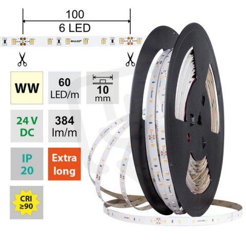 LED pásek SMD2835 WW, 60LED/m, 4,8W/m, DC 24V, 384lm/m, CRI90, IP20, 10mm, 50m