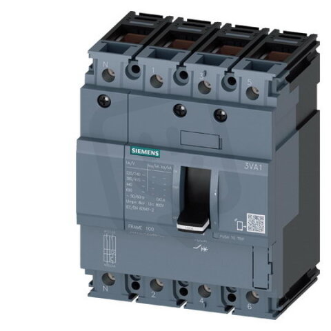 Jistič 3VA10, 50A 36kA/415V, Ir 50A, bez jištění N-pólu, 4P třmenové svorky