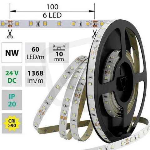 LED pásek SMD2835 NW, 60LED/m, 14,4W/m, 1368lm/m, IP20, DC 24V, 10mm, 5m