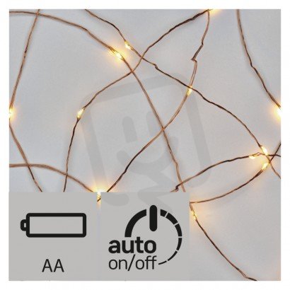 Vánoční LED nano řetěz měděný,0,9m, 2x AA, teplá bílá, časovač