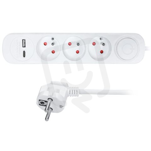 3z + USB A+C 2.4A prodlužovací přívod 3m 3 x 1mm2 bílý vypínač SOLIGHT PP111USBC