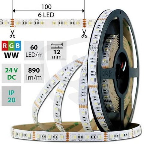 LED pásek SMD5050 RGB + WW, 60LED/m, 19,2W/m, 890lm/m, IP20, DC 24V, 12mm, 50m