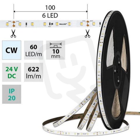LED pásek SMD2835 CW, 60LED/m, 7,2W/m, DC 24V, 622lm/m, CRI90, IP20, 10mm, 50m