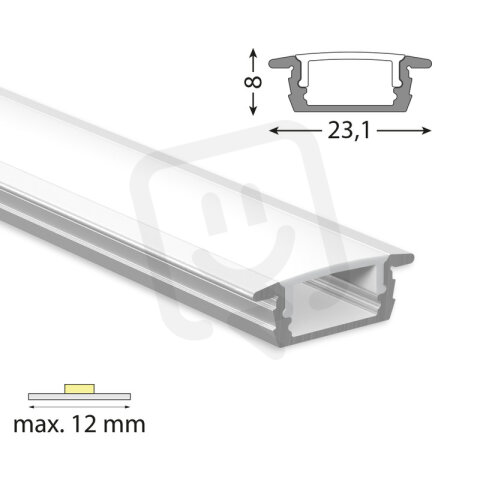 Vestavný hliníkový profil VP, 23x8 mm včetně mléčného difuzoru, 3 m