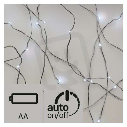 Vánoční LED nano řetěz stříbrný, 0,9m, 2xAA, studená bílá,časovač