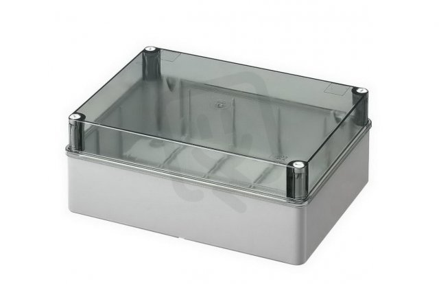 Krabice S-BOX 616-P, 300x220x120, IP56 šedá, průhl. víko, plastové šrouby, 650°C