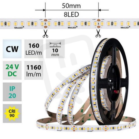 LED pásek SMD2835 CW, 160LED/m, 9W/m, DC 24V, 1160lm/m, CRI90, IP20, 10mm, 5m