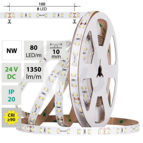 LED pásek SMD2835 NW, 80LED/m, 7,2W/m, DC 24V, 1350lm/m, CRI90, IP20, 10mm, 5m